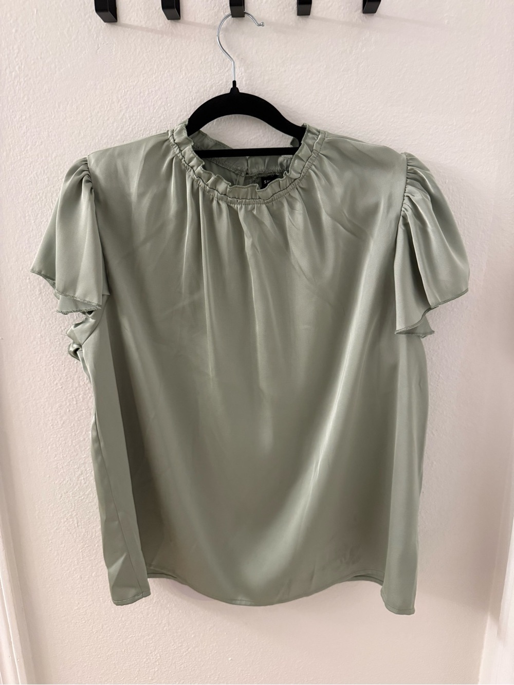 SHEIN Light Sage Ruffle Neck Flutter Sleeve Blouse